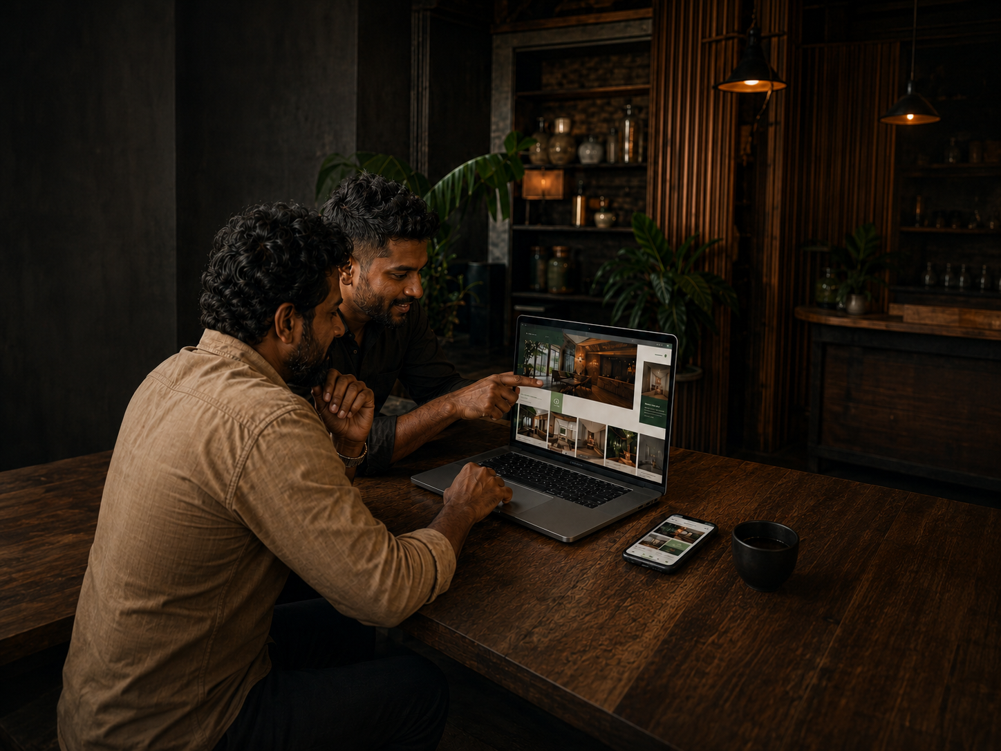 Sri Lankan business owner reviewing a website demo with a designer
