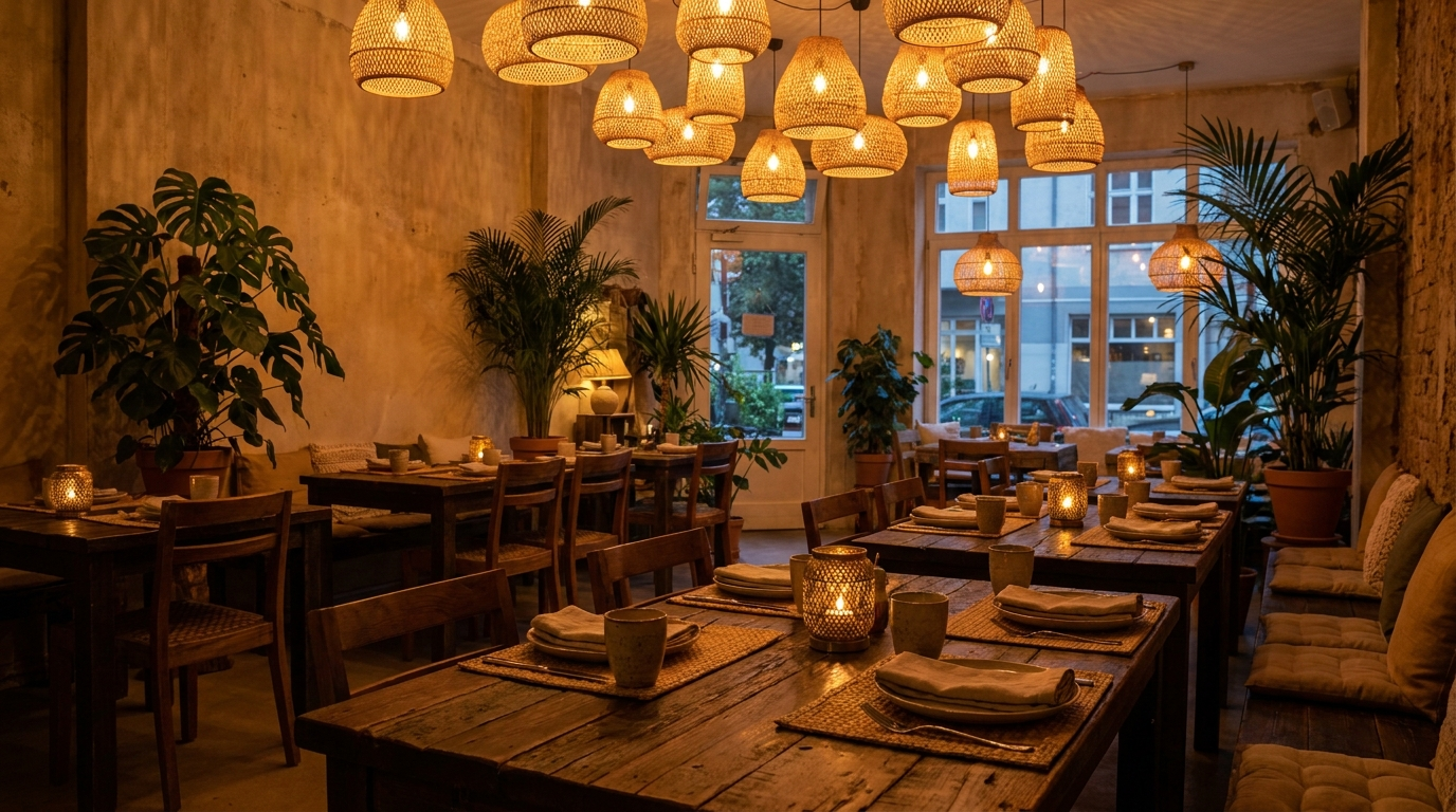 Warmly lit restaurant interior